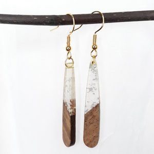 Handmade Walnut & Clear Resin Hook Earrings Long Tear Hypo-Allergenic Gold Tone